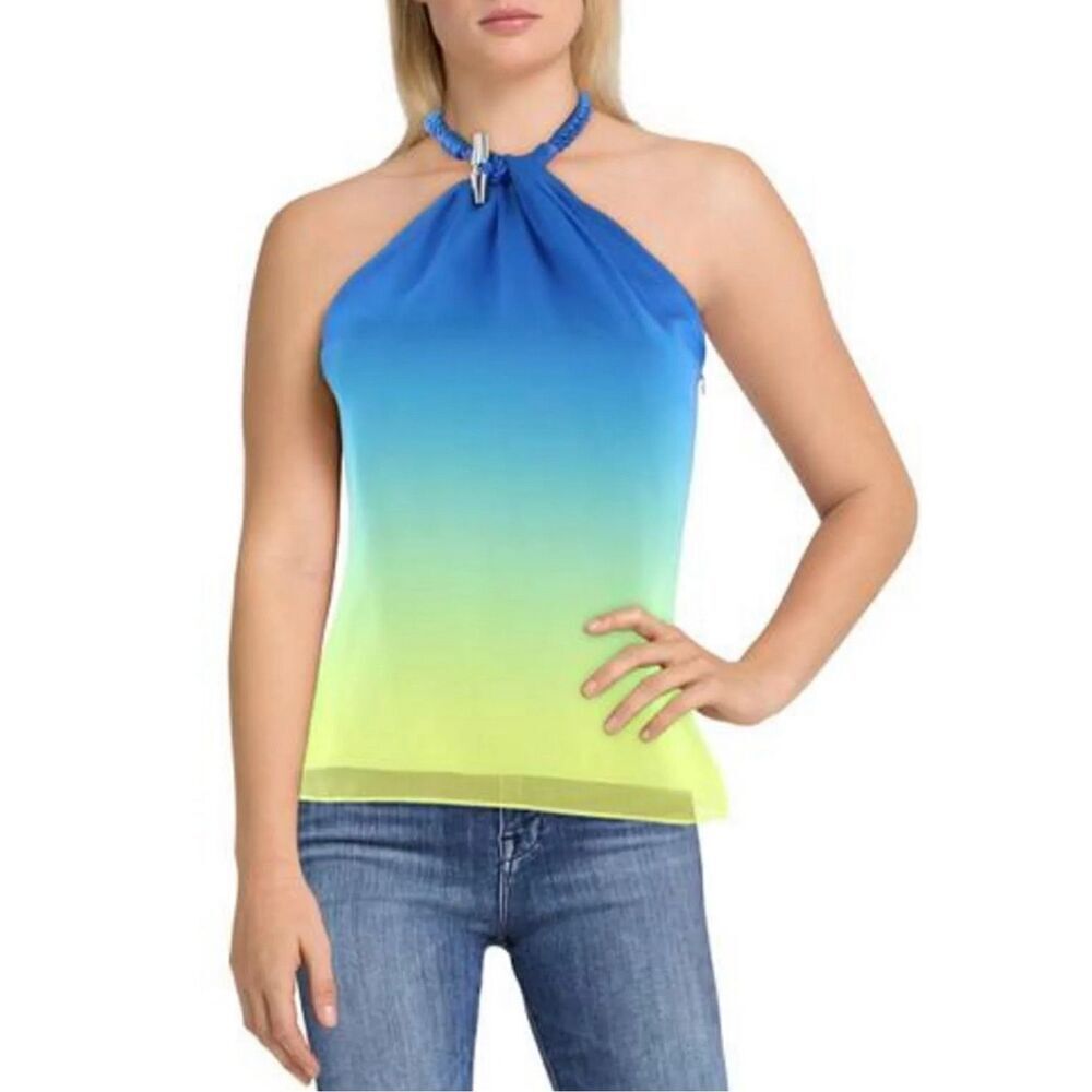 Lauren Ralph Lauren Halter Top Size Small Blue Green Ombre Sleeveless Zip Up‎